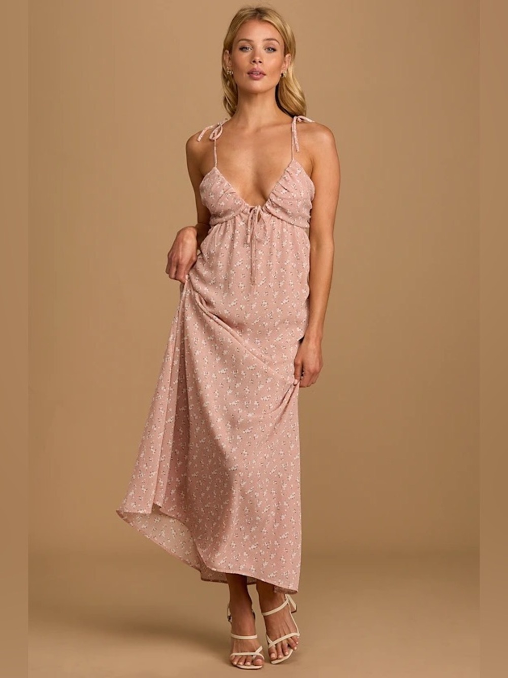 NWT Lulus Times We Had Blush Floral Print Tie Back Maxi Dress Size XS